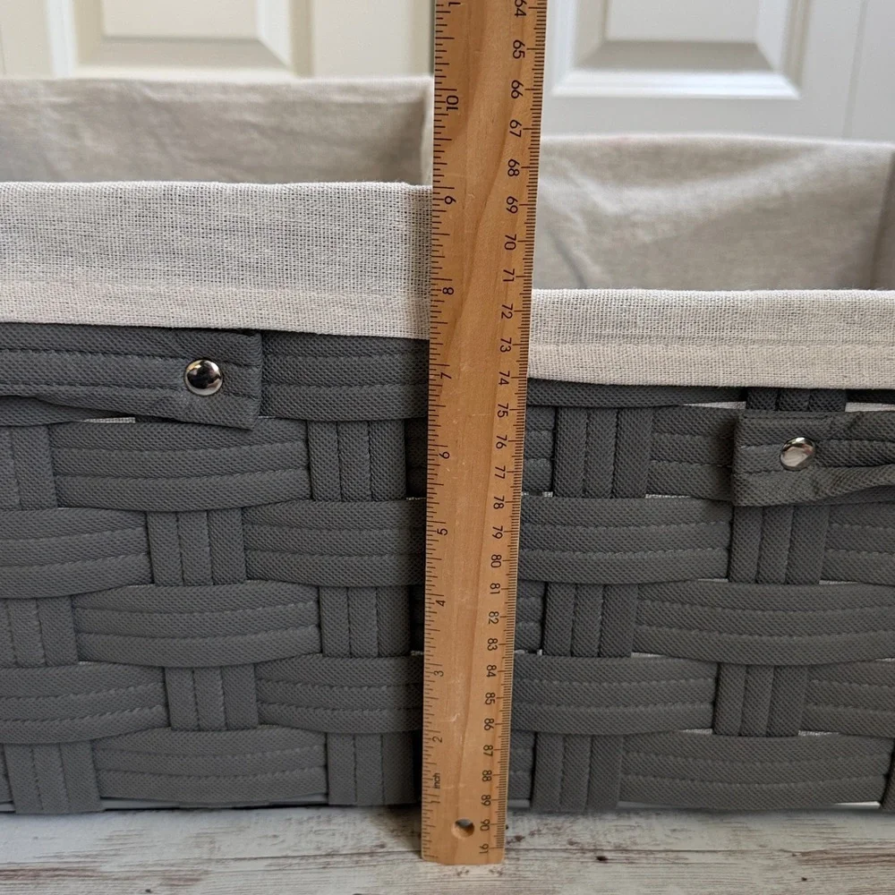Pair Woven Fabric Baskets with Linen Liner Gray Beige 15